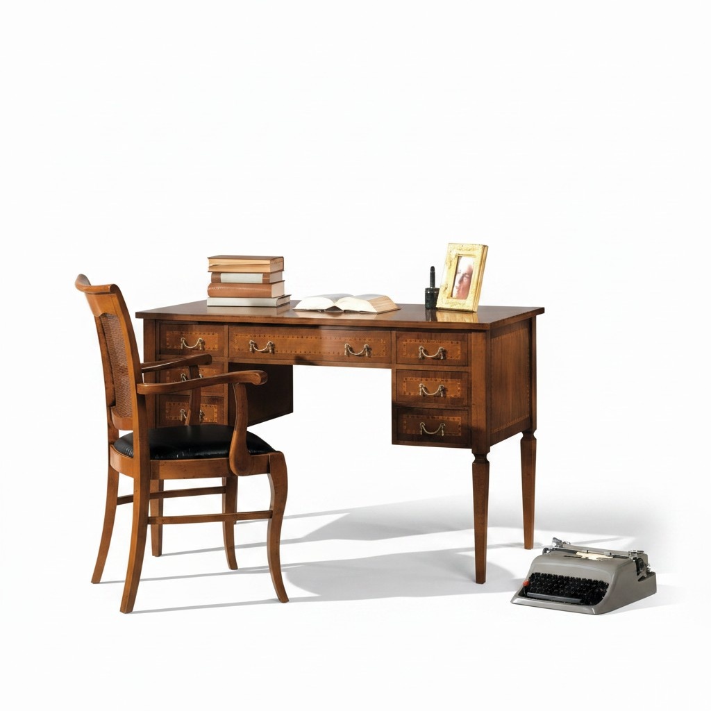 Schreibtisch und Stuhl aus Holz mit Armlehnen Bücherregal Büromöbel Design