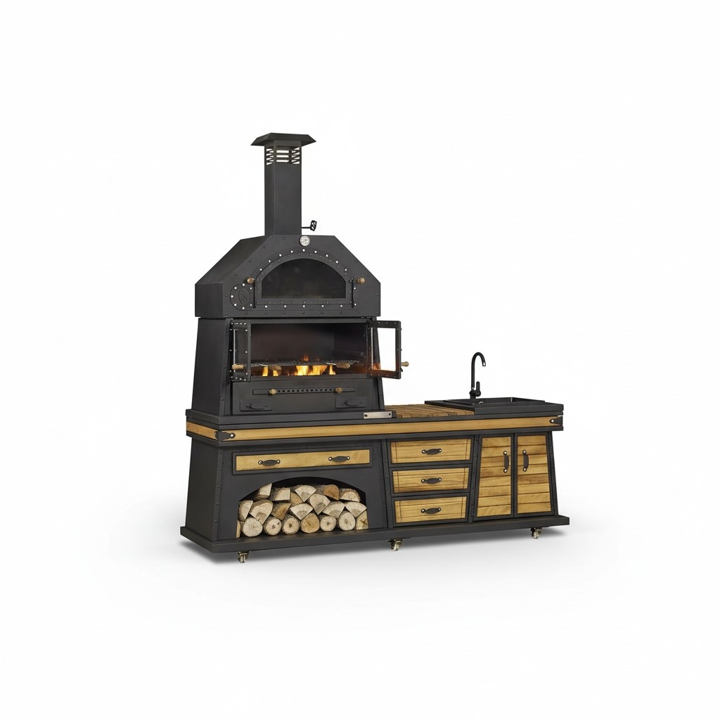 Schwarze Außenküche aus Holz und Edelstahl modern und wetterfest