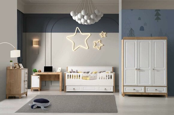 Kinderzimmer Set Bett Kleiderschrank Kommode Schreibtisch Weiß 4tlg