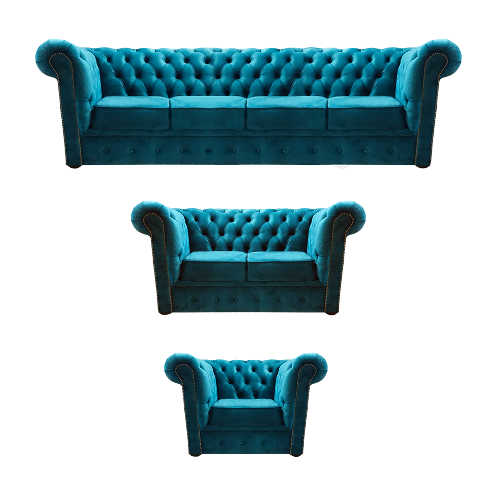 Blau Neu Sofa Set 3tlg Modern Textil Chesterfield Wohnzimmer Komplett