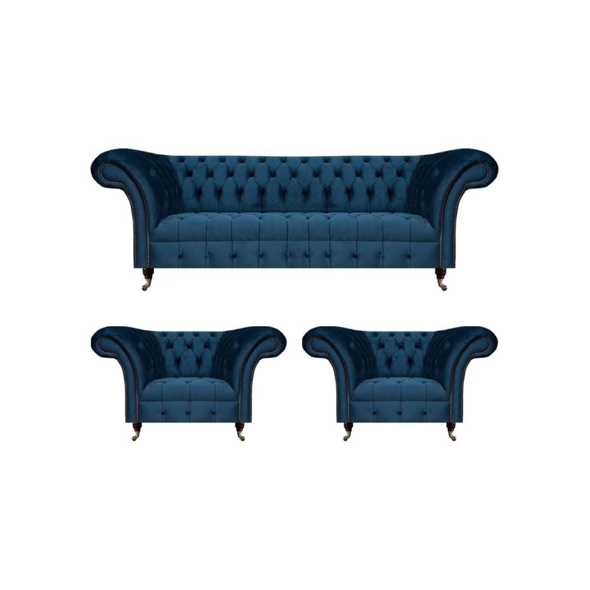 Luxus Blau Sofas Set 3tlg Sofagarnitur Sessel Wohnzimmer Chesterfield