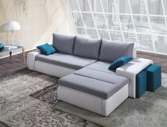 Ecksofa Wohnlandschaft Schlafsofa Sofa Bett Textil Stoff Sofa Grau Weiß