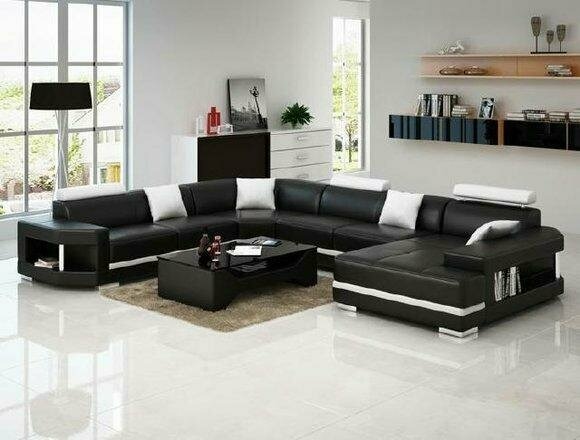 Wohnlandschaft Polster Ecke Eck Sofa Schwarz Weiß Garnitur Landschaft Leder