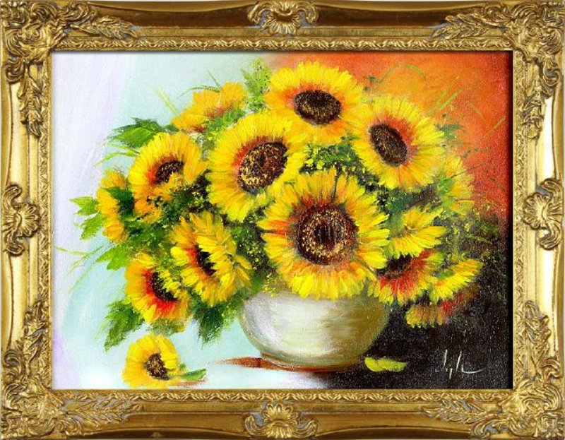 Gemälde Sonnenblumen - Ölbilder Bilder Ölbild Blumen Pflanzen Mit Rahmen