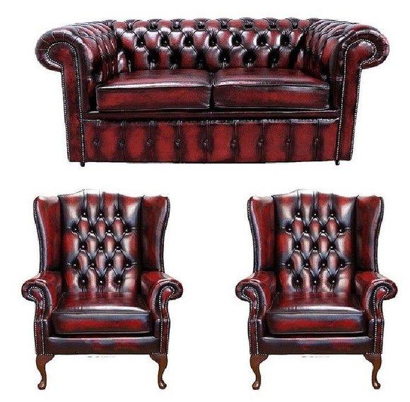 Klassiche Chesterfield Wohnzimmer Möbel Leder Textil Sofagarnitur