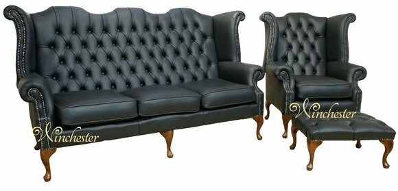 Schwarze Chesterfield Ledersofa Couch Polster Garnitur 3+1 Sitzer