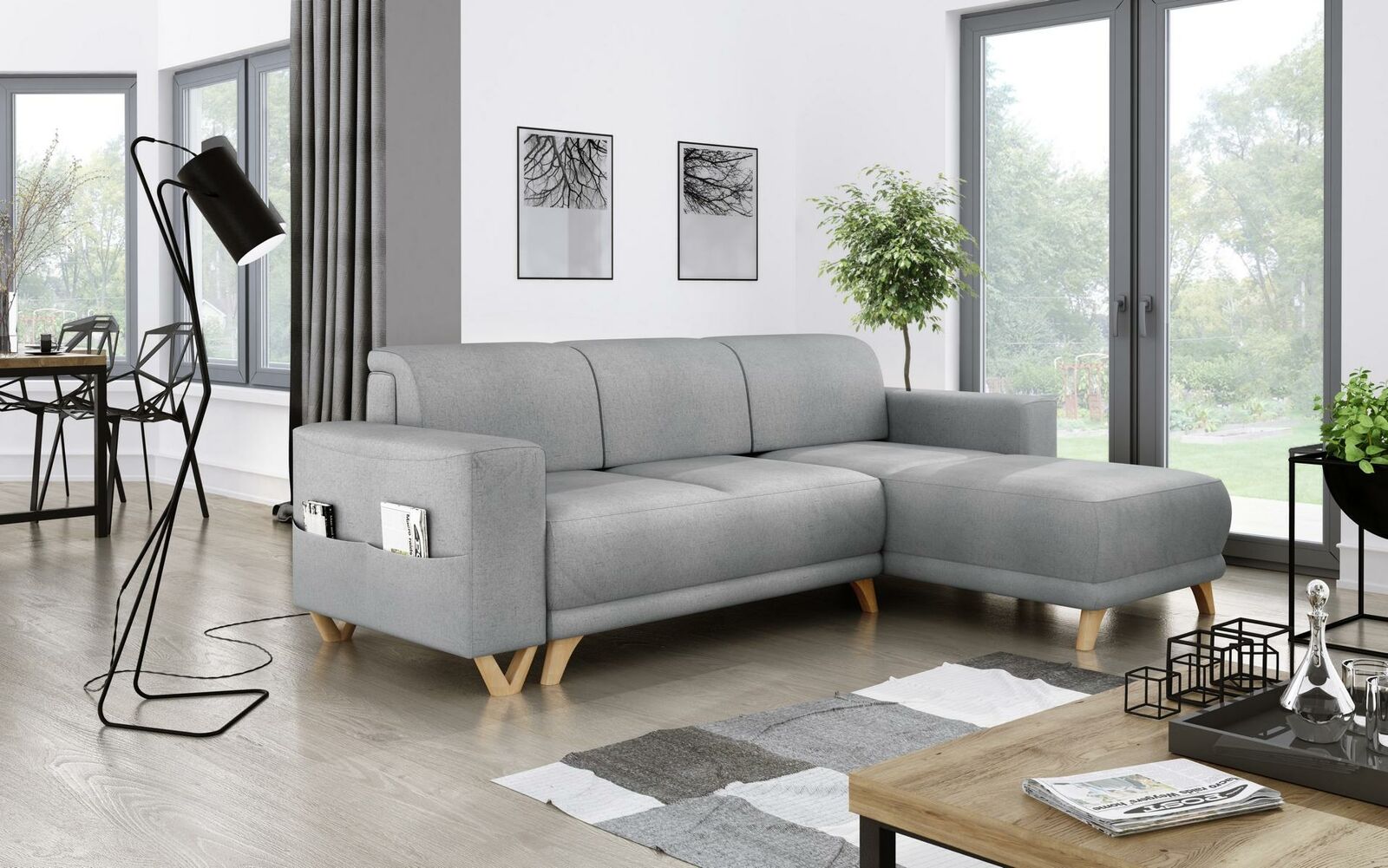 Design Ecksofa L-Form Sofa Couch Bettfunktion Schlafsofa Polster Textil