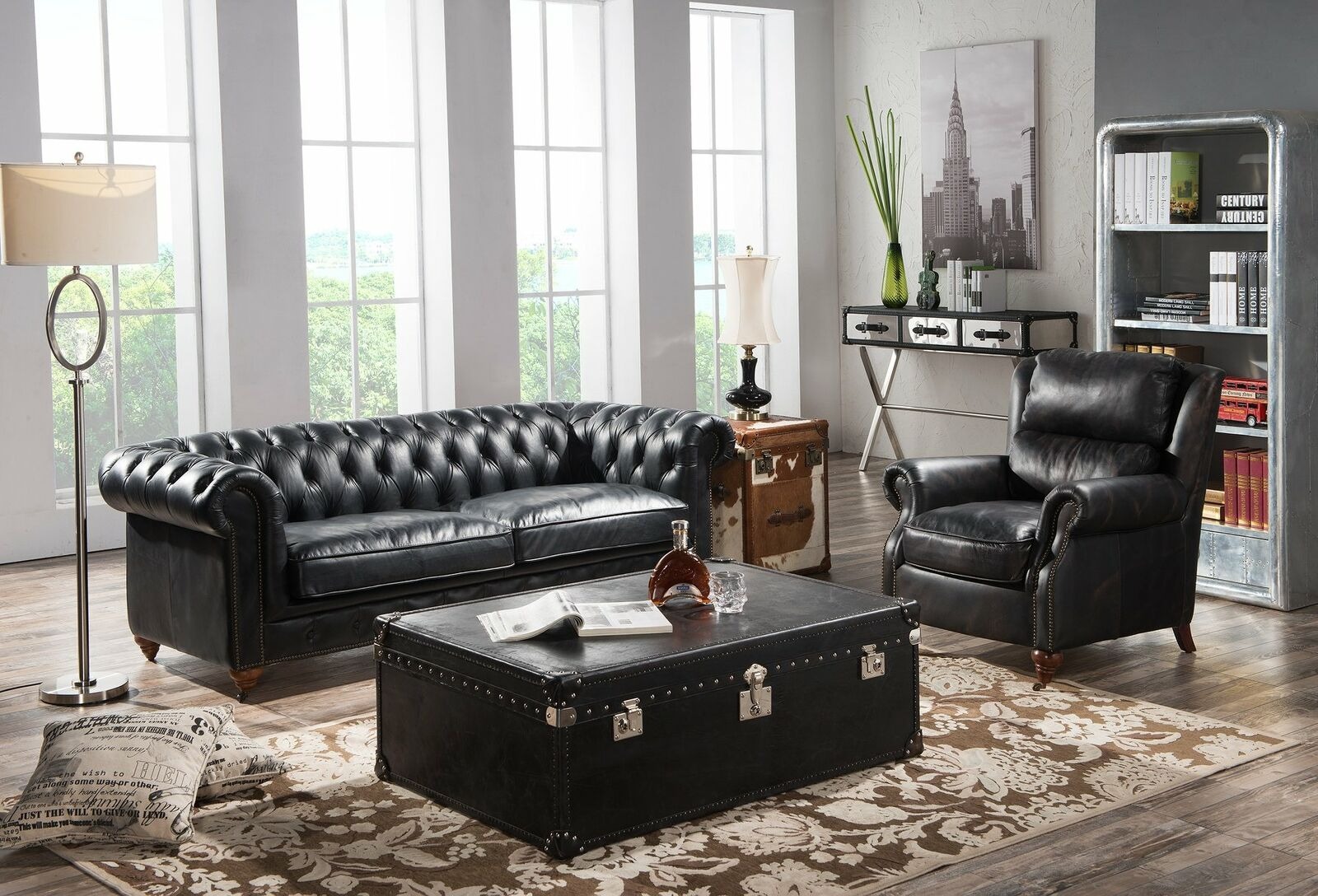 Chesterfield Sofa 3 Sitzer mit Sessel Schwarz Vintage Leder Möbel Stil 2tlg.