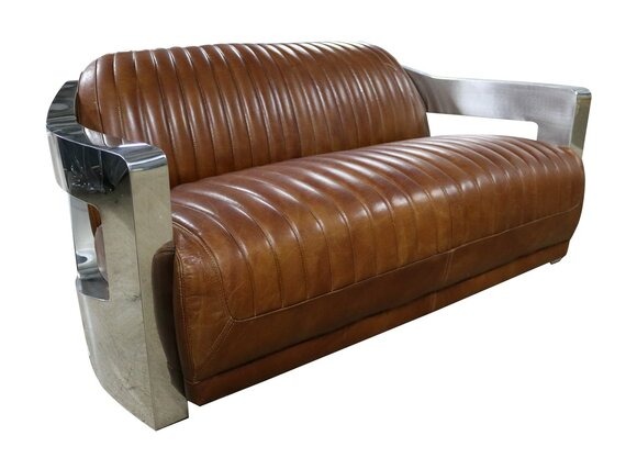 Sofa Vintage 2-Sitzer Ledersofa im Retro Stil Echtleder Aluminium Nieten Möbel