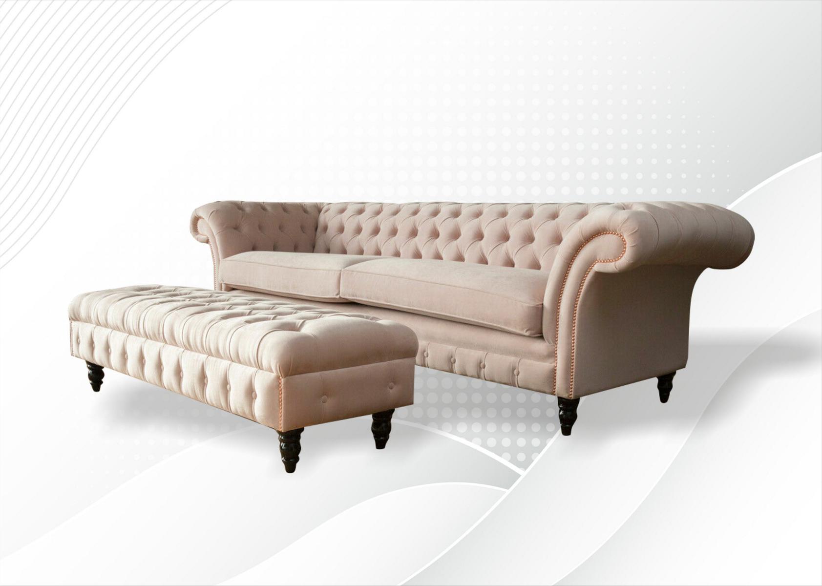 Chesterfield 4 Sitzer Hocker Pink Textil Wohnzimmerset Sofa Luxus Modern