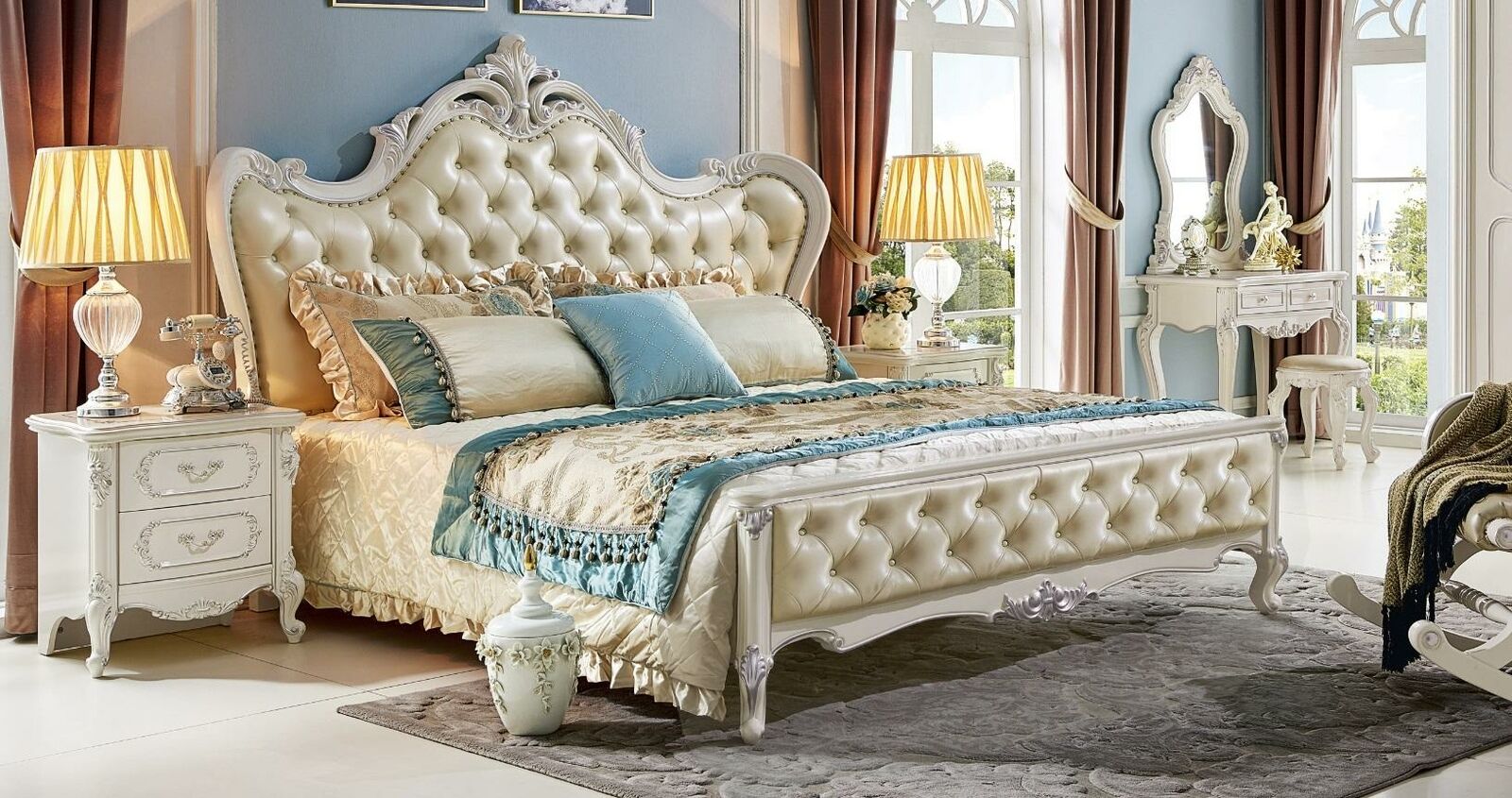 Bett 2x Modern Nachttisch Design 3 tlg. Luxus Schlafzimmer Set Massivholz