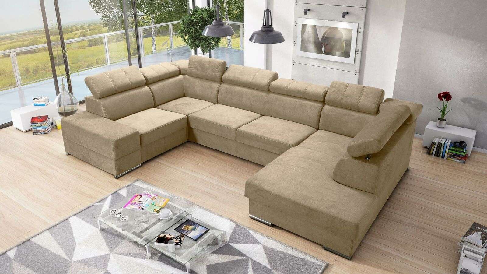 Ecksofa U-Form Sofa Couch Textil Sofas Design Wohnlandschaft Bettfunktion Stoff