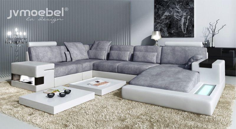 Moderne Textil Sofa U-Form Möbel mit Bett Funktionen Stauraum Grau NEU