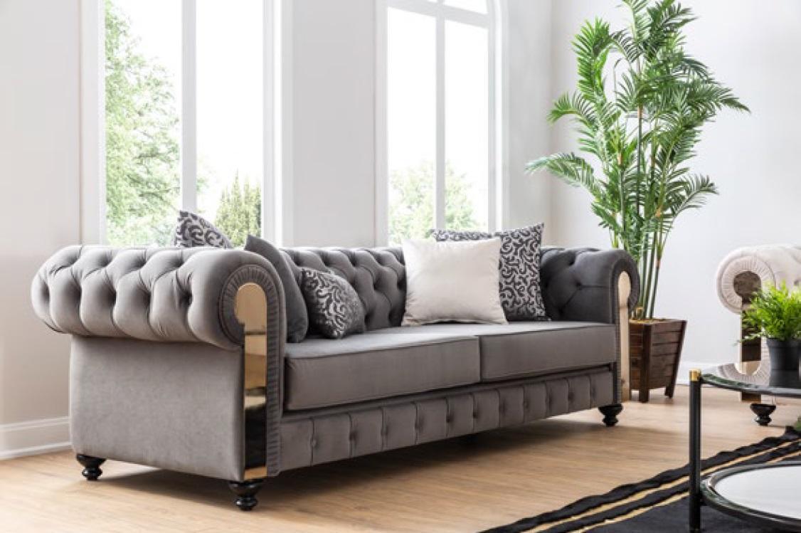 Luxus Wohnzimmer Sofa 3 Sitz Dreisitzer Grau Chesterfield Klassische Couchen
