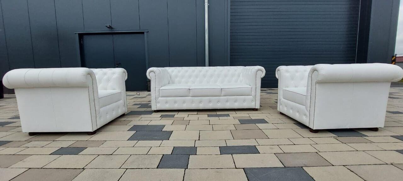 Luxus Sofagarnitur 3+1+1 Sofa Leder 100% Weiß Chesterfield Wohnzimmer Sofort