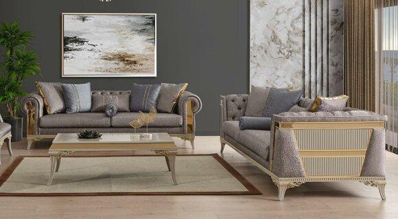 Garnitur Dreisitzer Stoffsofa Grau Chesterfield Set 2tlg Sofa Design 3+3