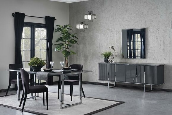 Luxus Esszimmer Set 6tlg Esstisch mit 4x Stühle Design Sideboard mit Spiegel