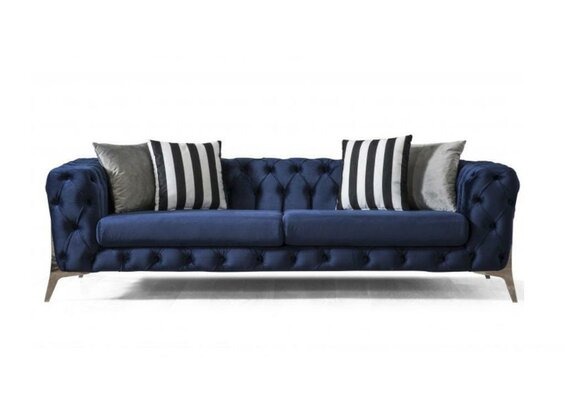 Chesterfield Sofa 3 Sitzer Blau Samt luxuriös Möbel für Wohnzimmer Sofas