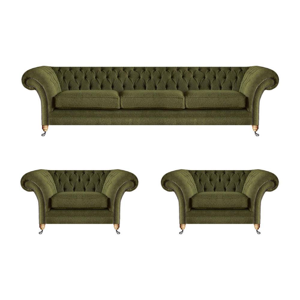 Wohnzimmer Sofagarnitur 3tlg Grün Stoff Dreisitze Sofa 2x Sessel Chesterfield