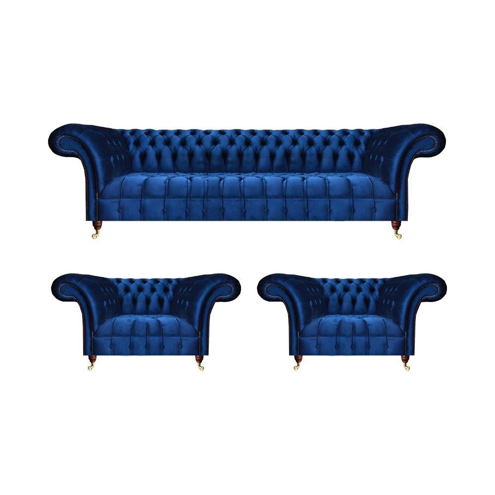 Chesterfield Blau Sofa Set 3tlg Textil Sofa Dreisitze 2x Sessel Wohnzimmer