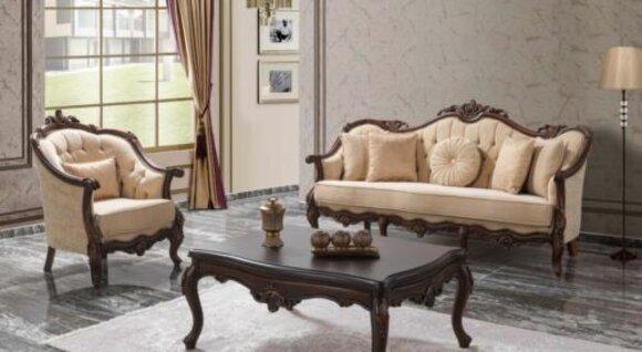 Polstersofa Sofa Sofagarnitur Couch Stoffsofa Beige Chesterfield Set