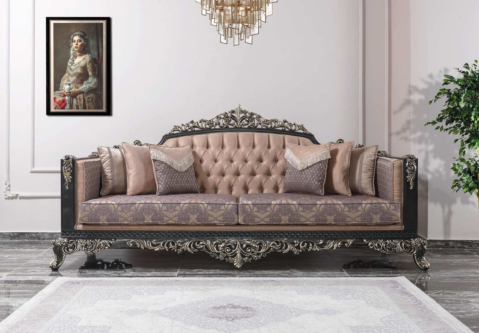 Dreisitzer Sofa 3 Sitzer Polstersofa Stoffsofa Beige Barock Couchen 270cm