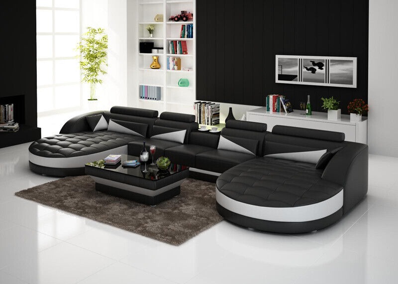 Big Ecksofa U-Form + Couchtisch Rund-Ottomane Modern Stil Polstercouch Relax