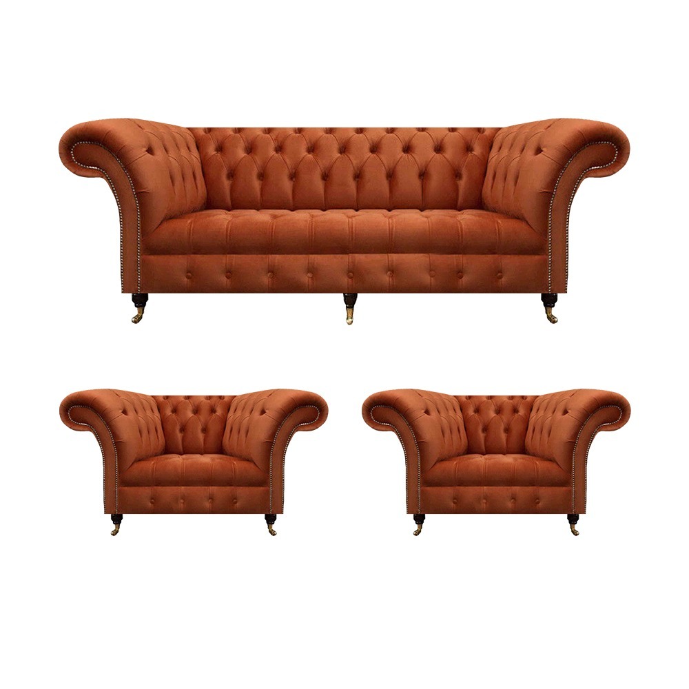 Wohnzimmer Braune Chesterfield Garnitur 2x Polstersessel 3-Sitzer 3tlg