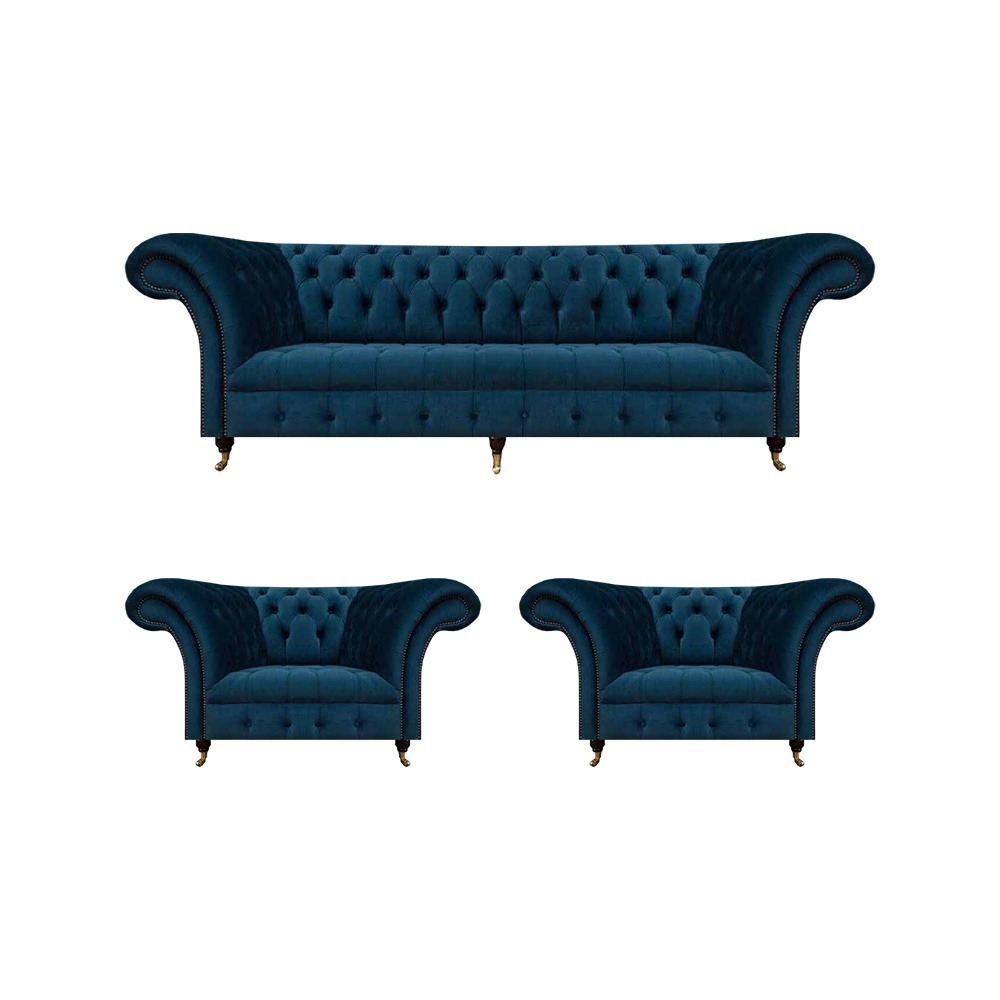 Blaue Chesterfield 2x Sessel Wohnzimmer Dreisitzer Polster Couch 3tlg