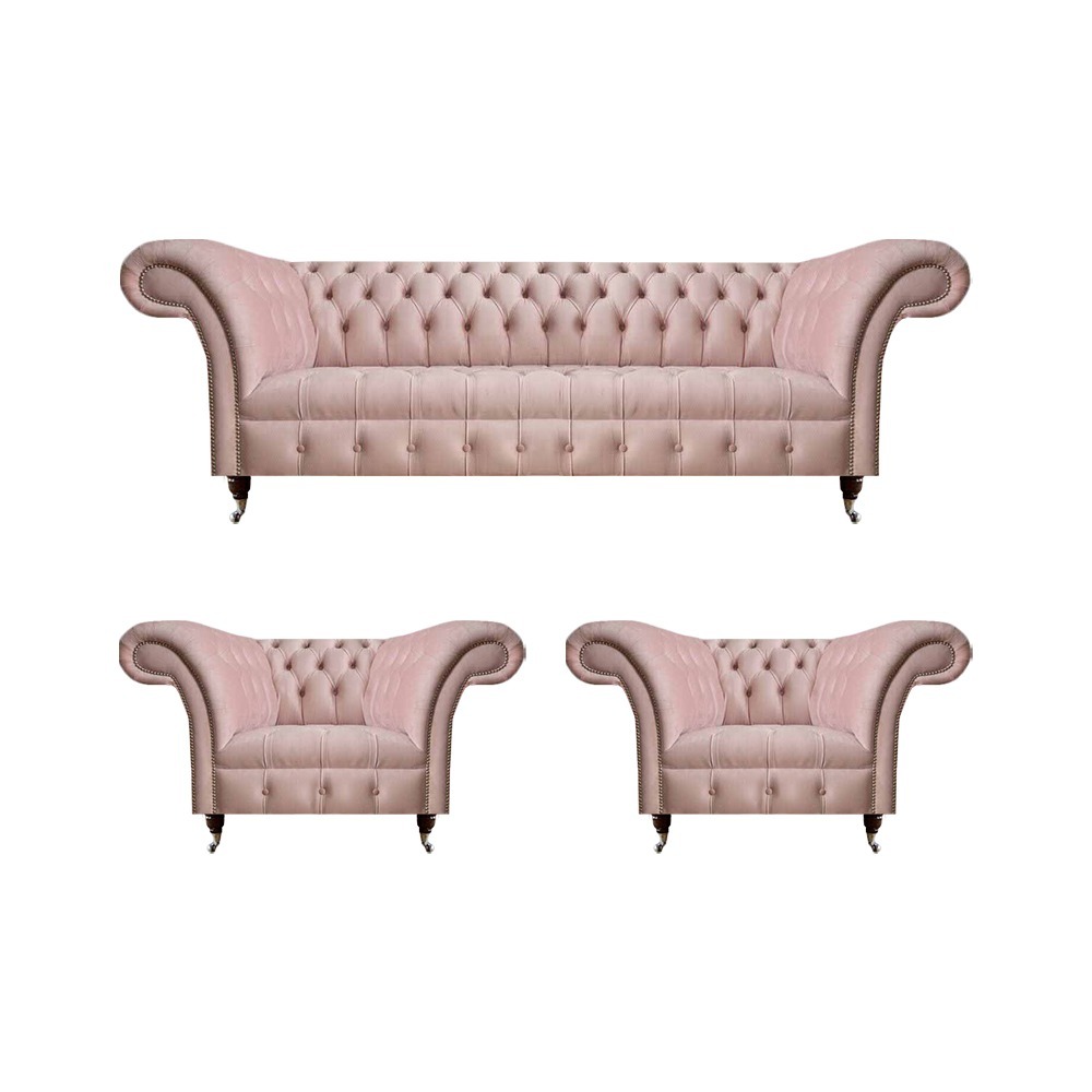 Wohnzimmer Rosa Chesterfield Garnitur 2x Lehnsessel Designer Textil 3-er