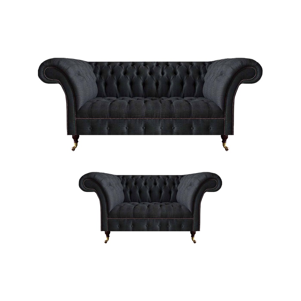 Schwarze Chesterfield Sitzgruppe Klassisch Wohnzimmer Couchgarnitur 2tlg