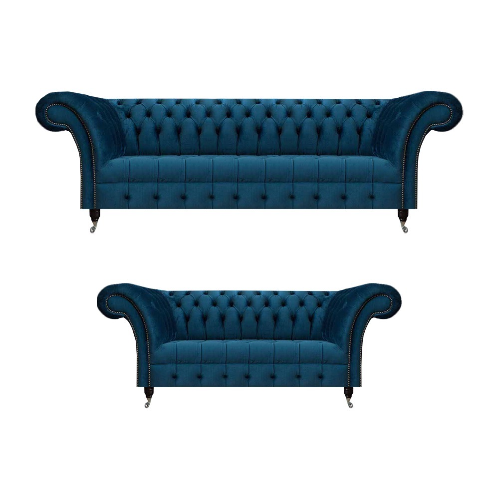 Luxuriöse Blaue Chesterfield Textilgarnitur 3-Sitzer Sofa Zweisitzer