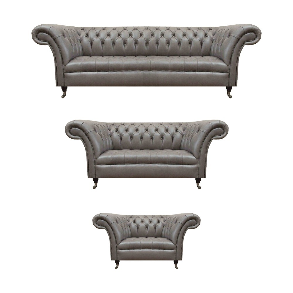 Graue Chesterfield Ledersofas Designer Einsitzer Dreisitzer Sofa Set