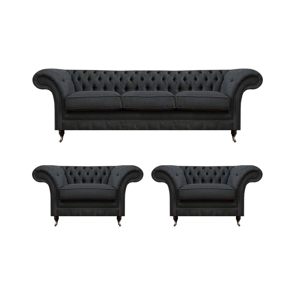 Graue Chesterfield Bettfunktion Sofa Textil 2x Sessel 3tlg Set Garnitur