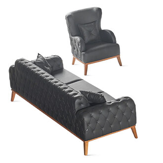 Schwarze Arbeitszimmer Sitzmöbel Designer Leder 3-Sitzer 1x Sessel 2tlg