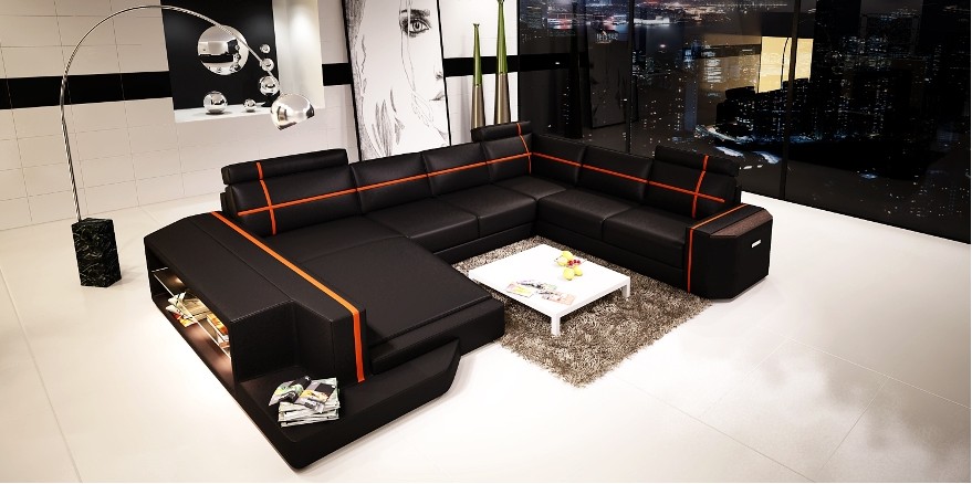 Ecksofa Ledersofa Modernes Sofa Couch U Form Wohnlandschaft +Beleuchtung PHM108