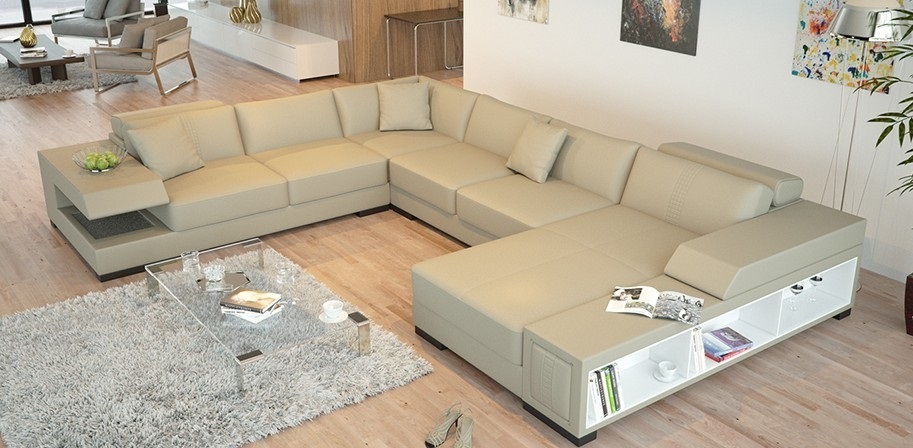 Ecksofa U Form Sofa Couch Polster Ecksofa Wohnlandschaft Ledersofa Badra "Beige"