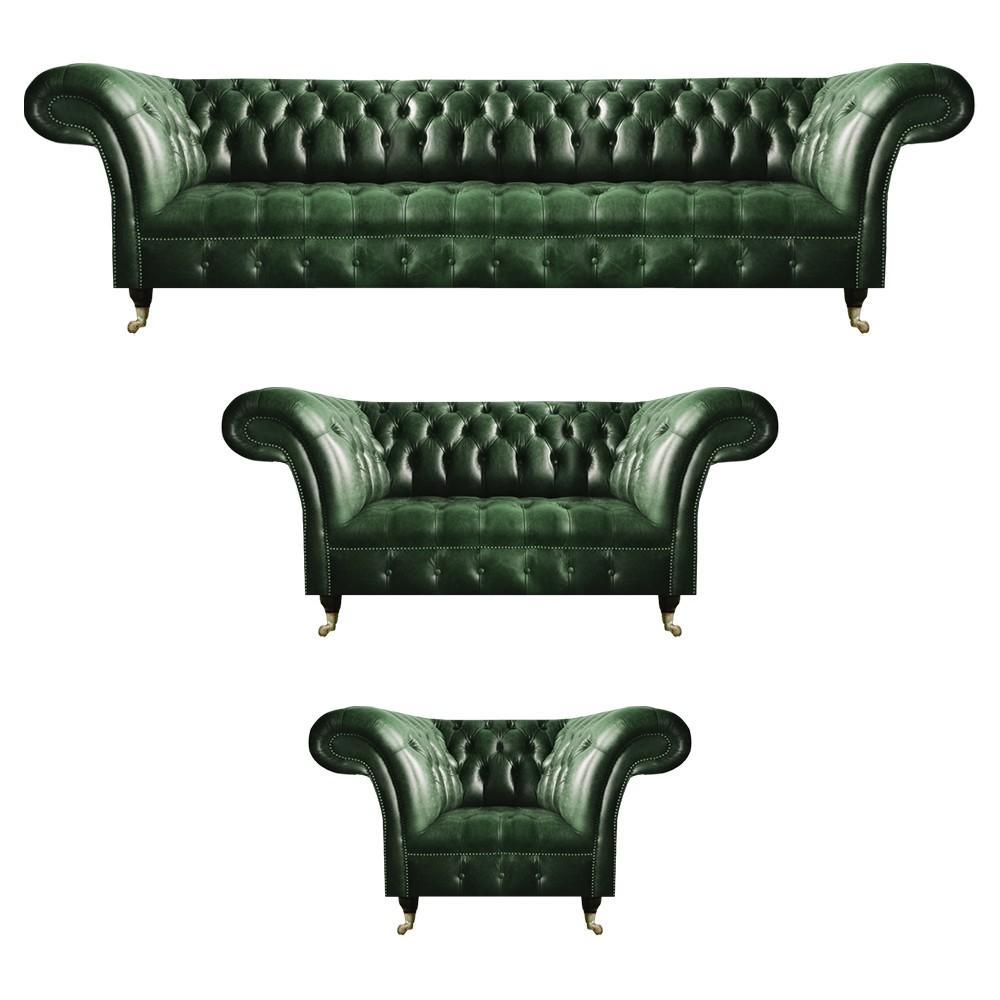 Grün Leder Sofas Set 3tlg Wohnzimmer Sofagarnitur Polstermöbel Chesterfield