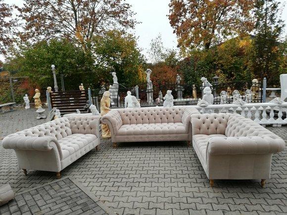 Designer Chesterfield Sofagarnitur Textil Beige 3+2+2 Couch Polster