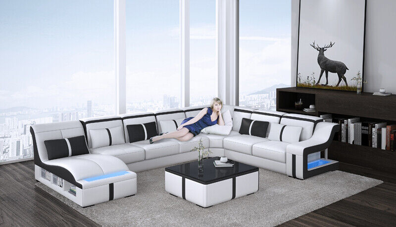 Design Ecksofa U-form Beleuchtet Couch Leder Textil Sofa Neu Wohnlandschaft LED
