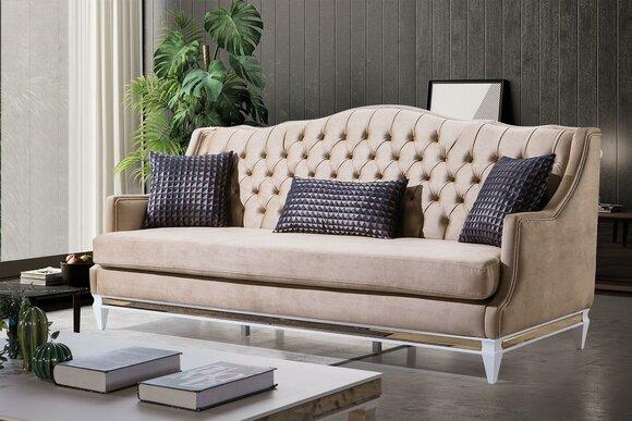 Beiger Chesterfield Dreisitzer Luxus Textilsofa Designer Stoffcouchen