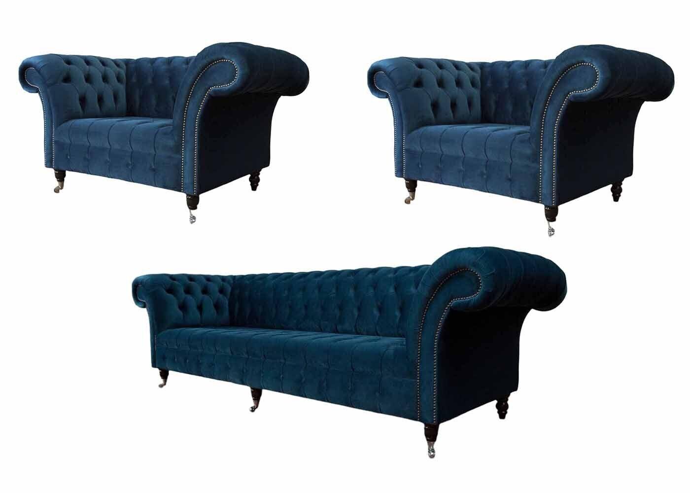 Blaue Chesterfield Sofagarnitur Couch Polster Set Sitzgarnitur 3+1+1