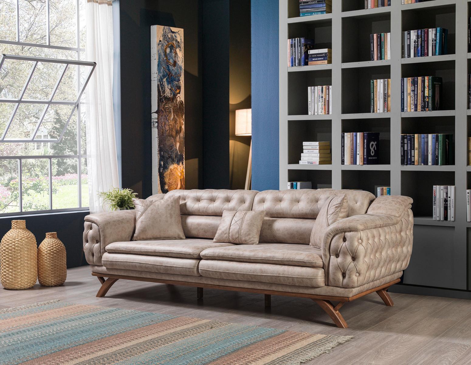 Chesterfield 3 Sitzer Beige Design Couchen Polster Sofas Textil Couch