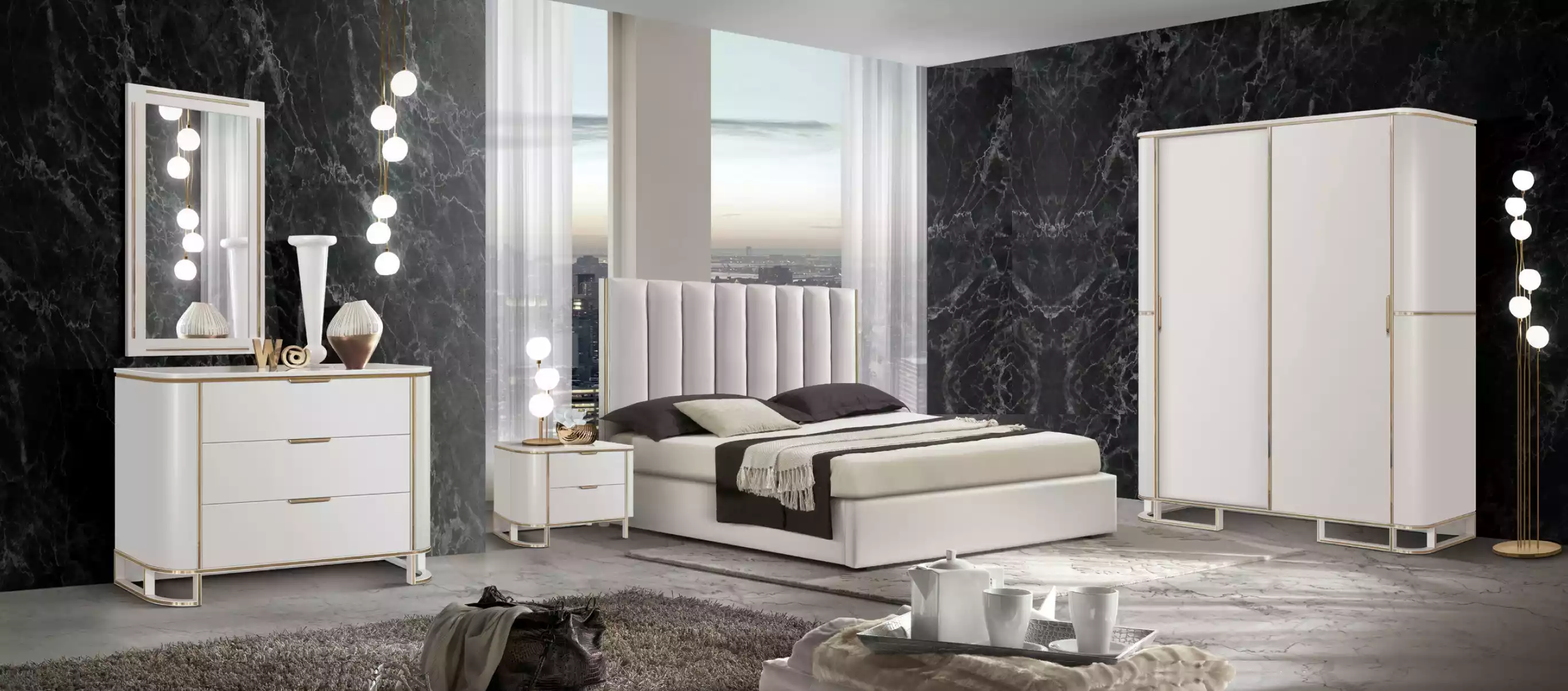 Bett 2x Nachttische Kommode 6tlg.Schlafzimmer Set Design Luxus