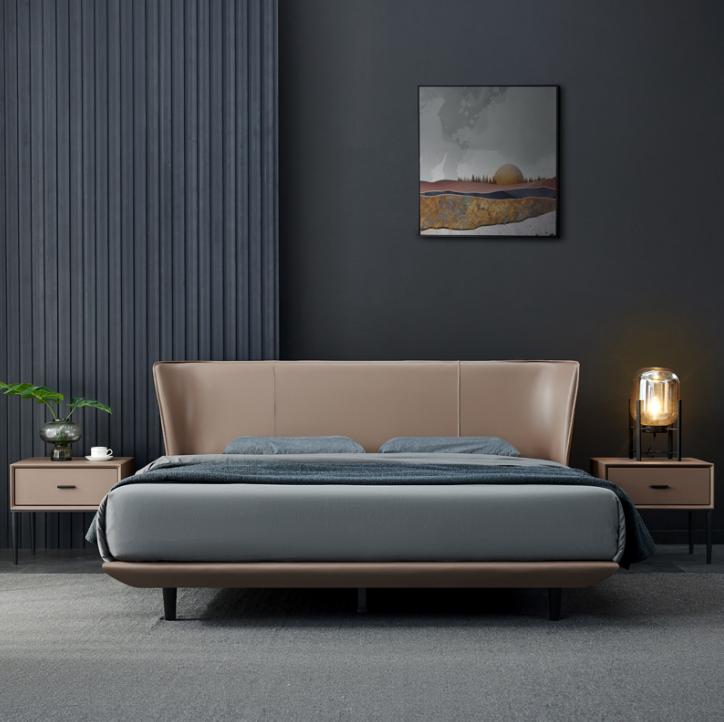 Beiges Kunstleder Schlafzimmer Doppelbett Designer Holzgestell Betten