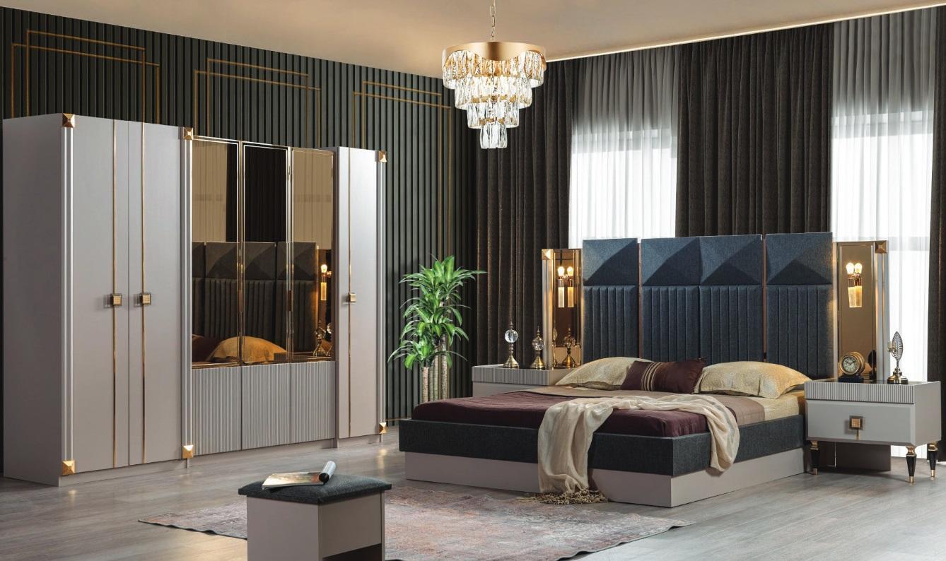 Luxuriöse Schlafzimmer Möbel Polster Doppelbett Holz Nachttische Schrank