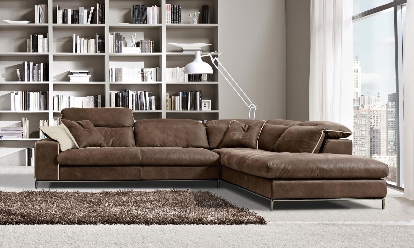 Design Ecksofa Prianera Moderne Luxus Ecke Leder Holz Sofa L-Form Braun Sofas