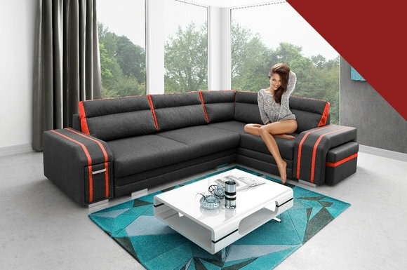 Sofa Schlafsofa Designer Sofa mit Bettfunktion + Bettkasten Grau Orange Couch