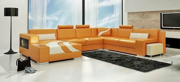 Wohnlandschaft Polster Ecke Eck Orange Sofa Couch Garnitur Landschaft Leder