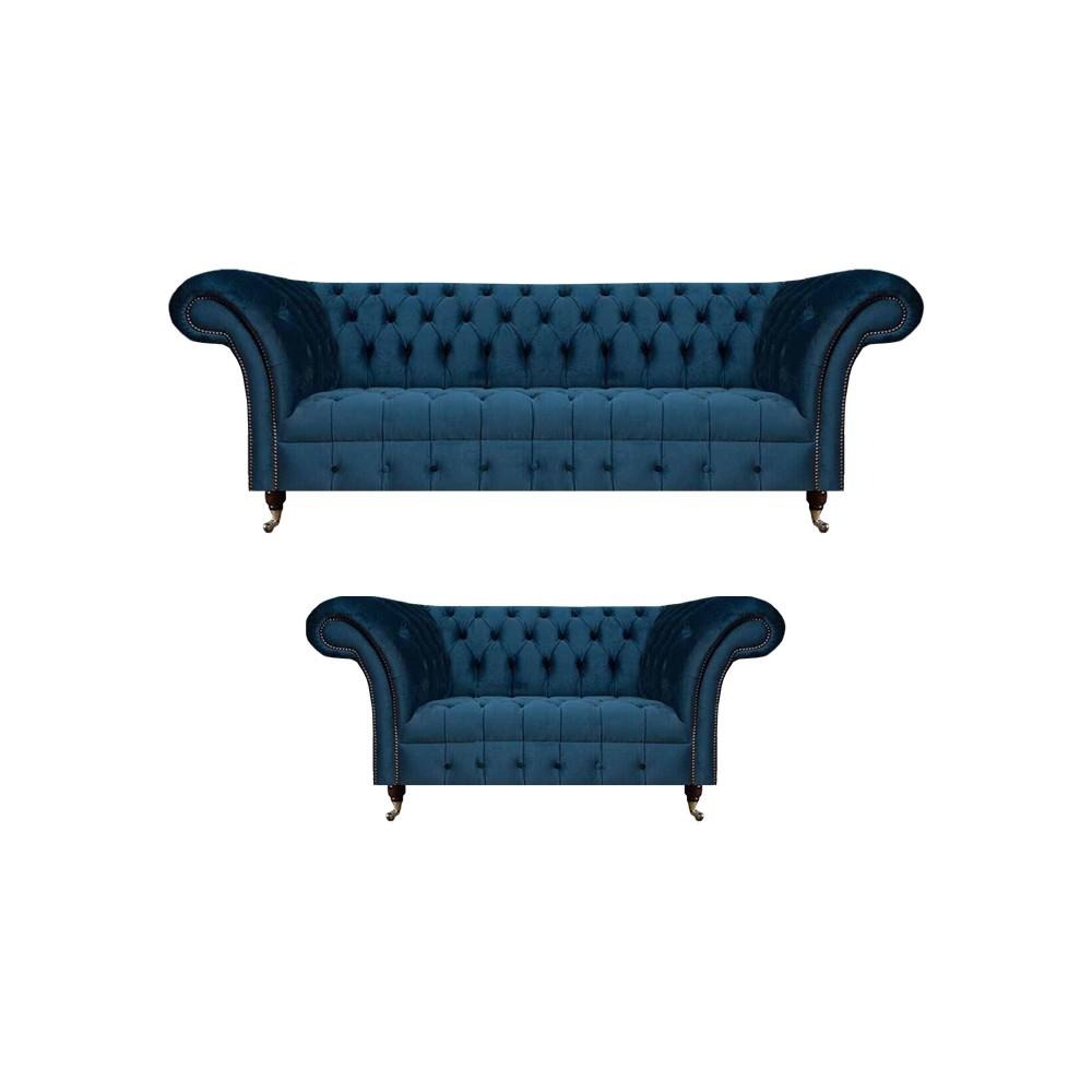 Sitzmöbel Sofagarnitur 2x Sofas Set Chesterfield Wohnzimmer Blau Polstersofa